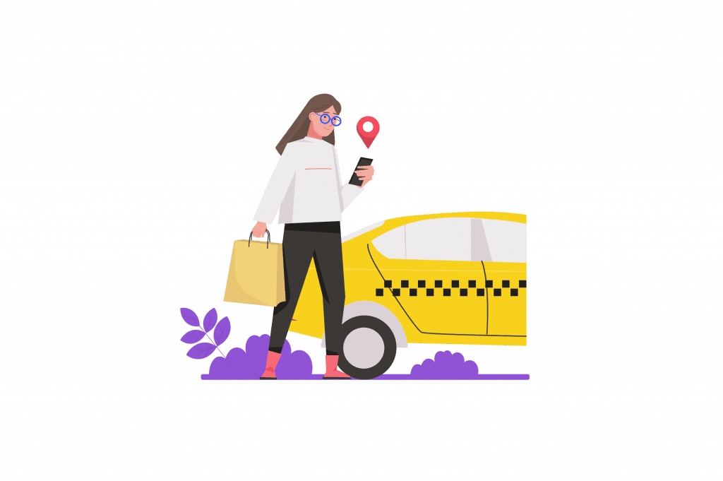 Frau mit Einkaufstaschen und Smartphone wartet auf ein gelbes Taxi.